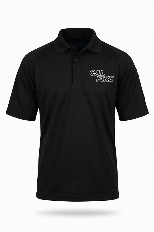Navy First Tactical performance polo, flat front product shot with a stacked CAL FIRE wordmark in a muted gray outline on the left chest.