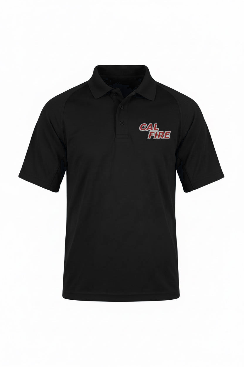 Navy performance polo laid flat from the front, showing the three-button placket and a red stacked CAL FIRE wordmark on the left chest.
