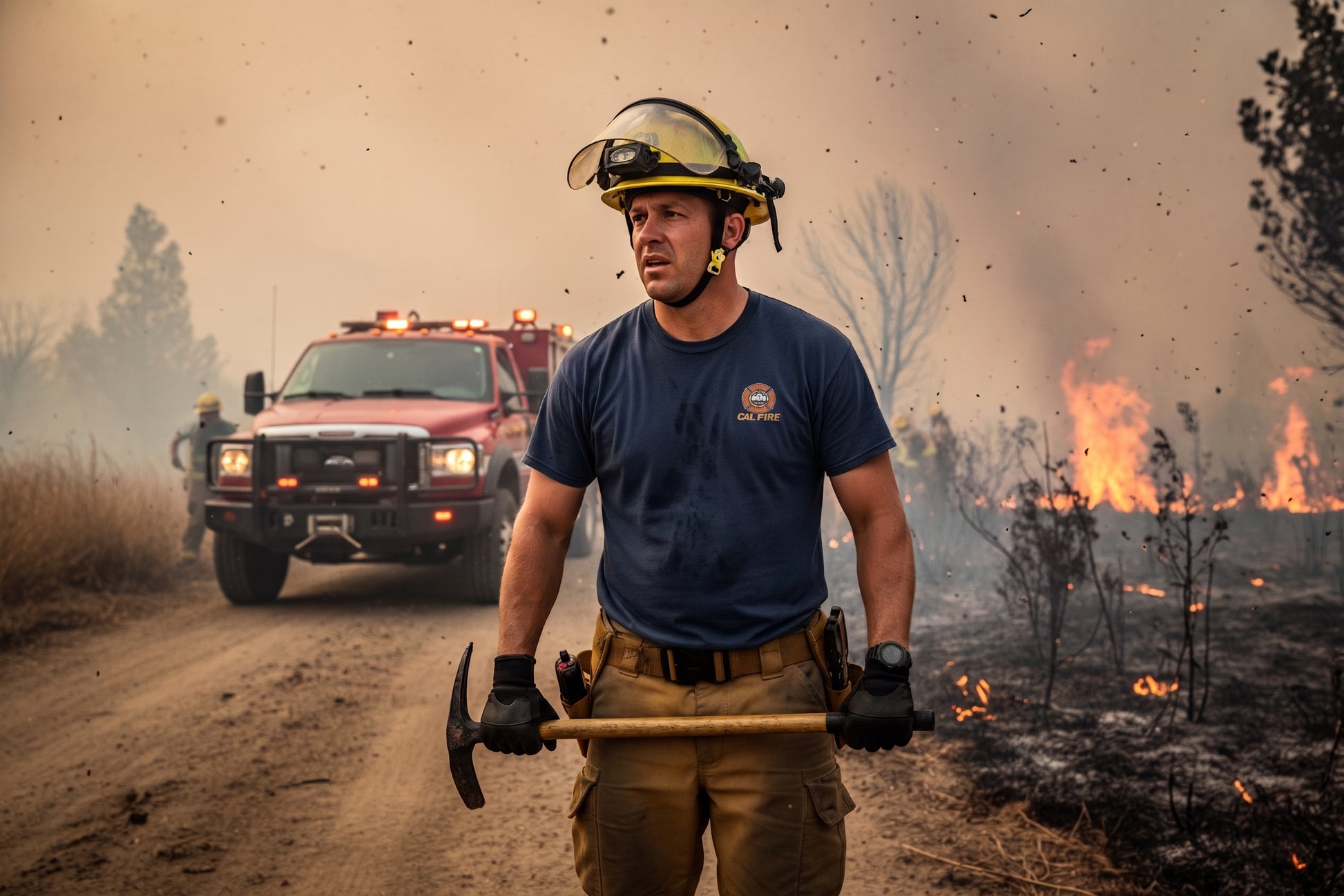 CAL FIRE firefighter standing by a fire engine during a wildfire while wearing the navy Pro Club heavyweight CAL FIRE t-shirt.