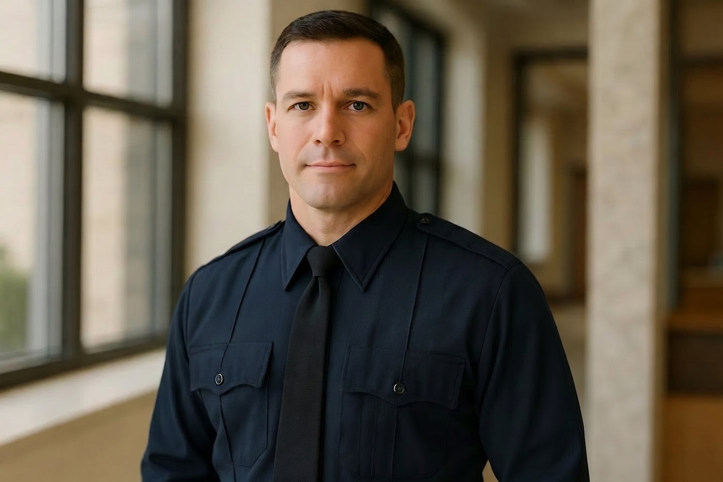 Lifestyle portrait of a firefighter in the navy uniform shirt and tie with a gold fire badge on the left chest, standing in a sunlit hallway.