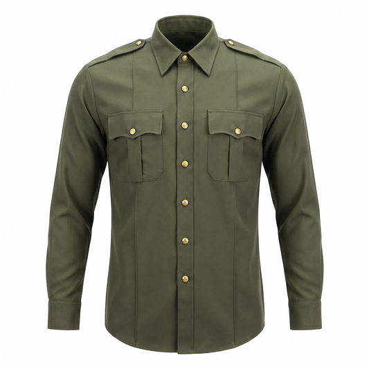 Flying Cross Class A long sleeve uniform shirt, forest green with gold buttons, front view