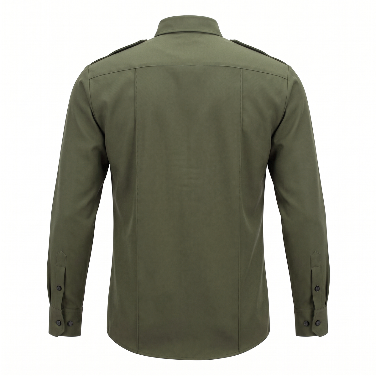 Flying Cross Class B long sleeve uniform shirt, forest green with black buttons, back view