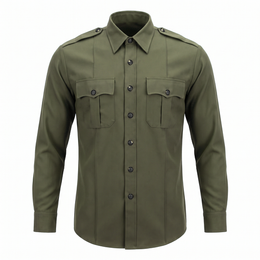 Flying Cross Class B long sleeve uniform shirt, forest green with black buttons, front view