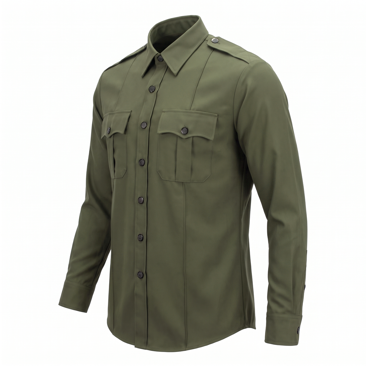 Flying Cross Class B long sleeve uniform shirt, forest green with black buttons, side view
