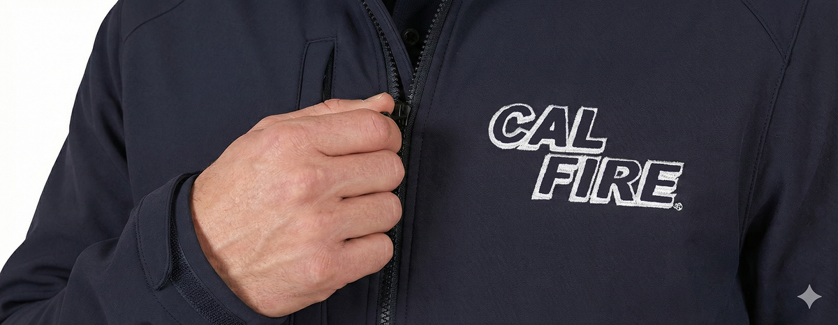 Close-up of the white-outline CAL FIRE wordmark embroidered on the navy First Tactical Tactix softshell jacket.
