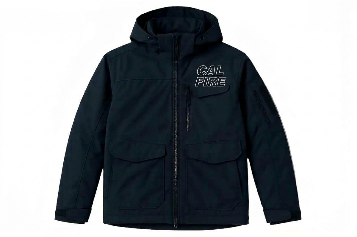 Navy CAL FIRE First Tactical Tactix System hooded jacket, front view with the white-outline CAL FIRE wordmark on the left chest.