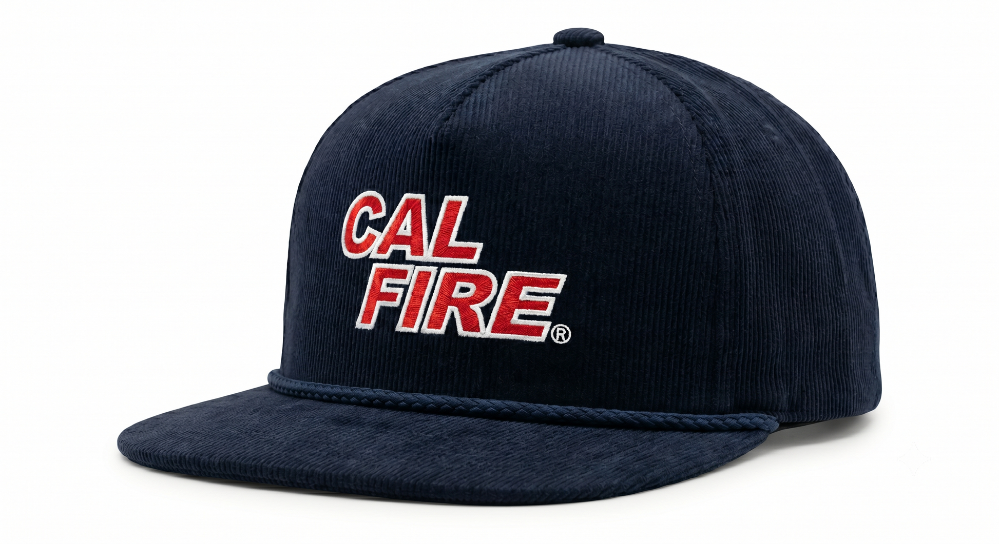 CAL FIRE Richardson Timberline 253 corduroy rope cap in dark navy with navy rope and red and white embroidered stacked CAL FIRE logo