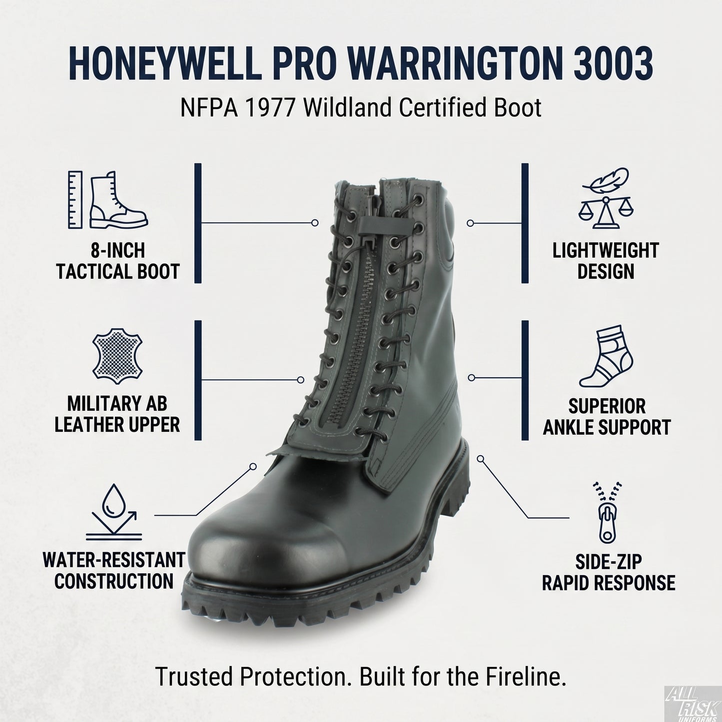 Honeywell PRO Warrington 3003 key features - NFPA 1977 wildland certified, 8-inch Military AB leather, water-resistant, side-zip, superior ankle support
