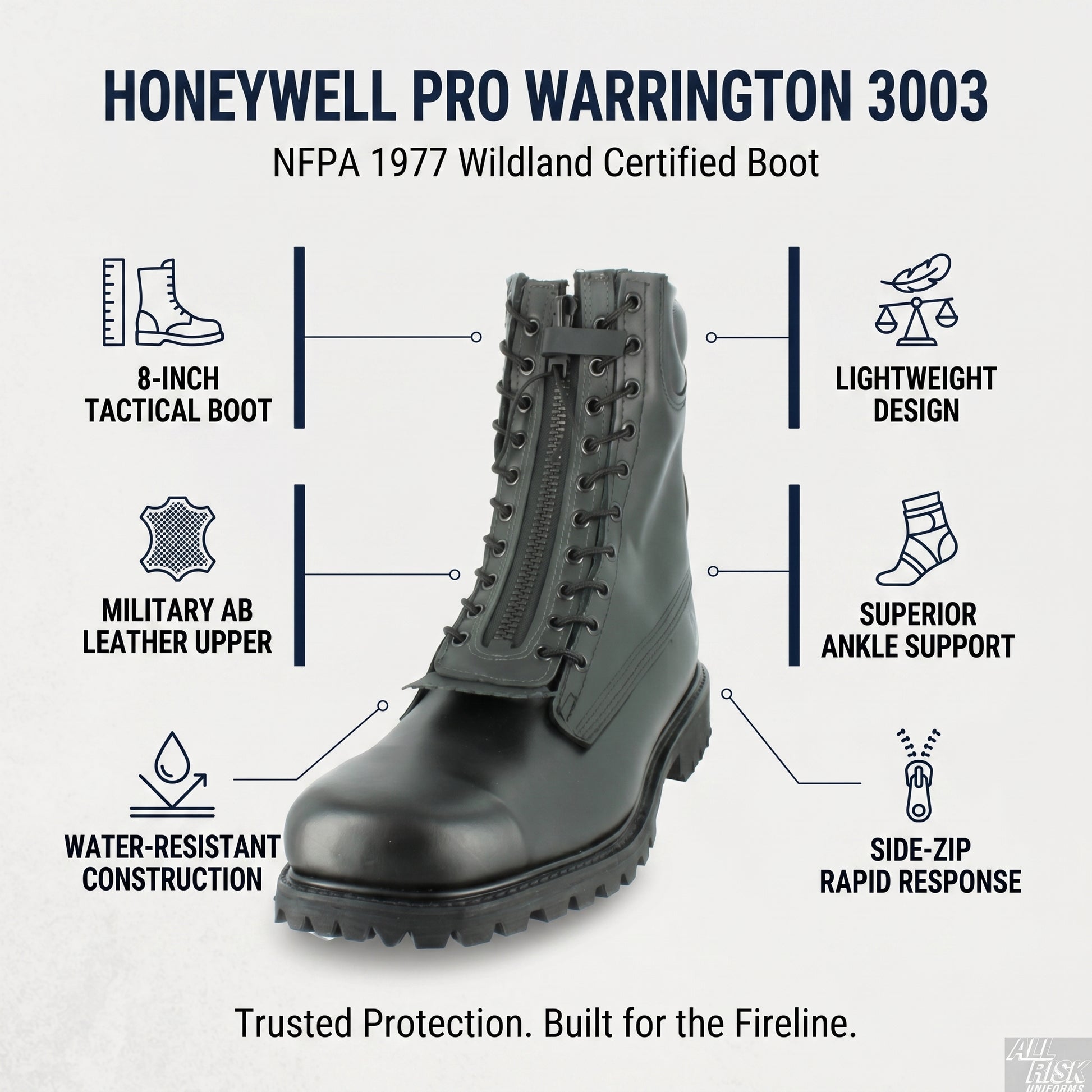 Honeywell PRO Warrington 3003 key features - NFPA 1977 wildland certified, 8-inch Military AB leather, water-resistant, side-zip, superior ankle support