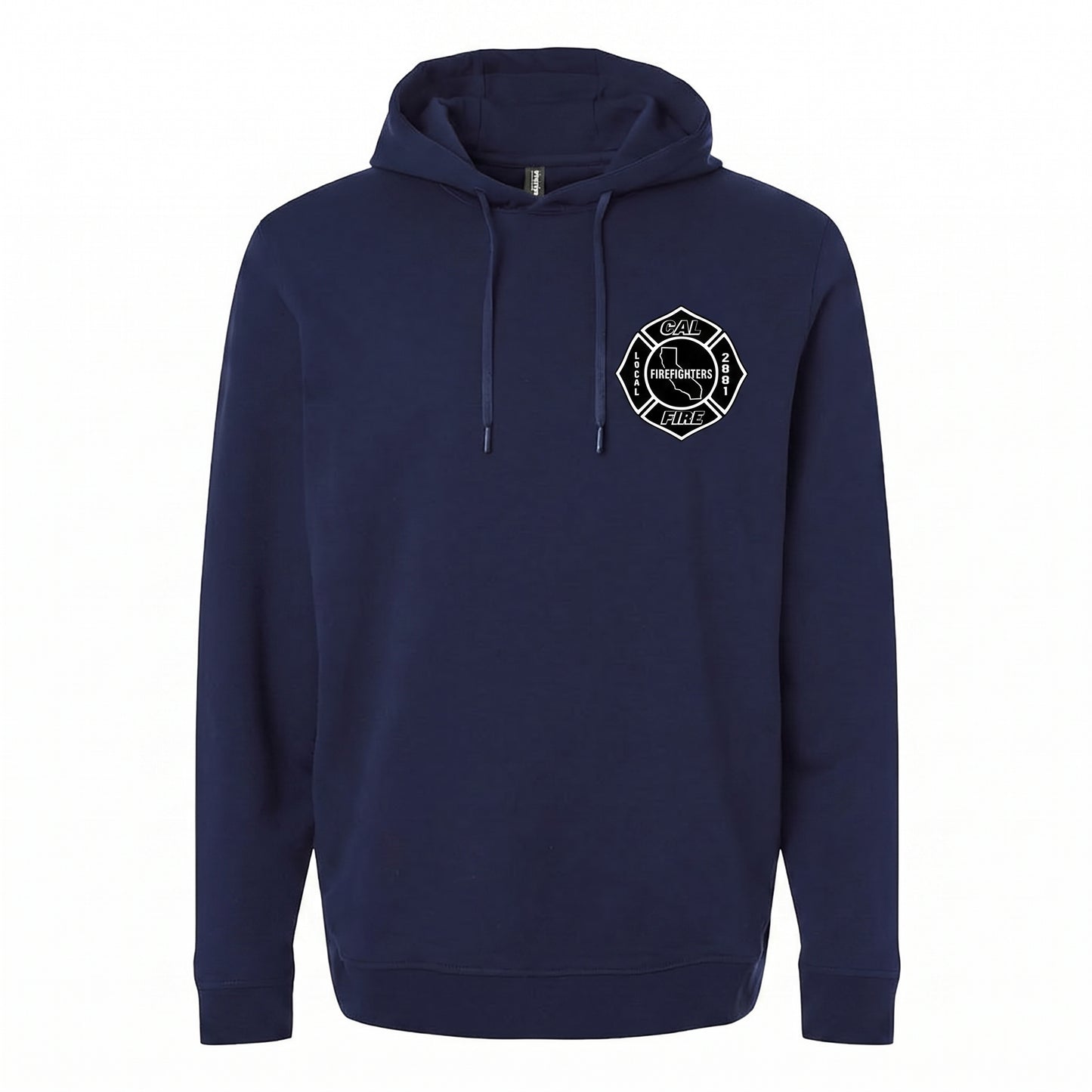 Navy hoodie, front view, with the white CAL FIRE Firefighters Local 2881 maltese-cross union shield on the left chest.