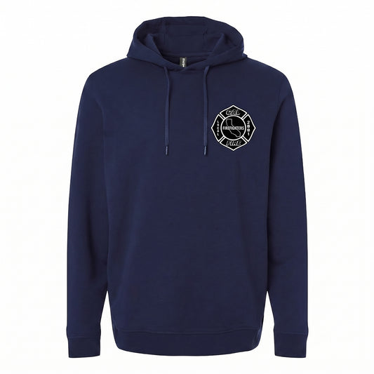 Navy hoodie, front view, with the white CAL FIRE Firefighters Local 2881 maltese-cross union shield on the left chest.