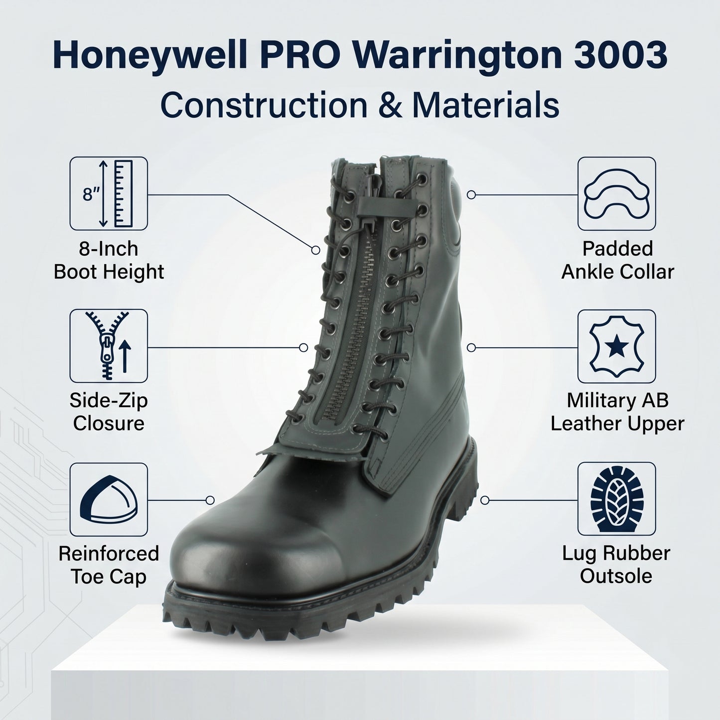 Honeywell PRO Warrington 3003 construction and materials - Military AB leather upper, 8-inch height, side-zip, reinforced toe, padded collar, lug outsole