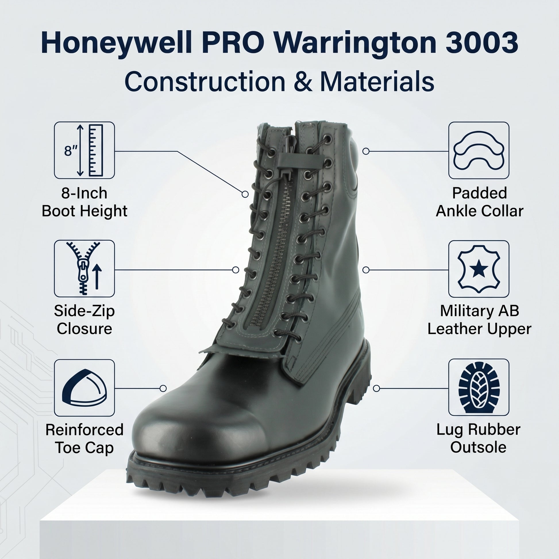 Honeywell PRO Warrington 3003 construction and materials - Military AB leather upper, 8-inch height, side-zip, reinforced toe, padded collar, lug outsole