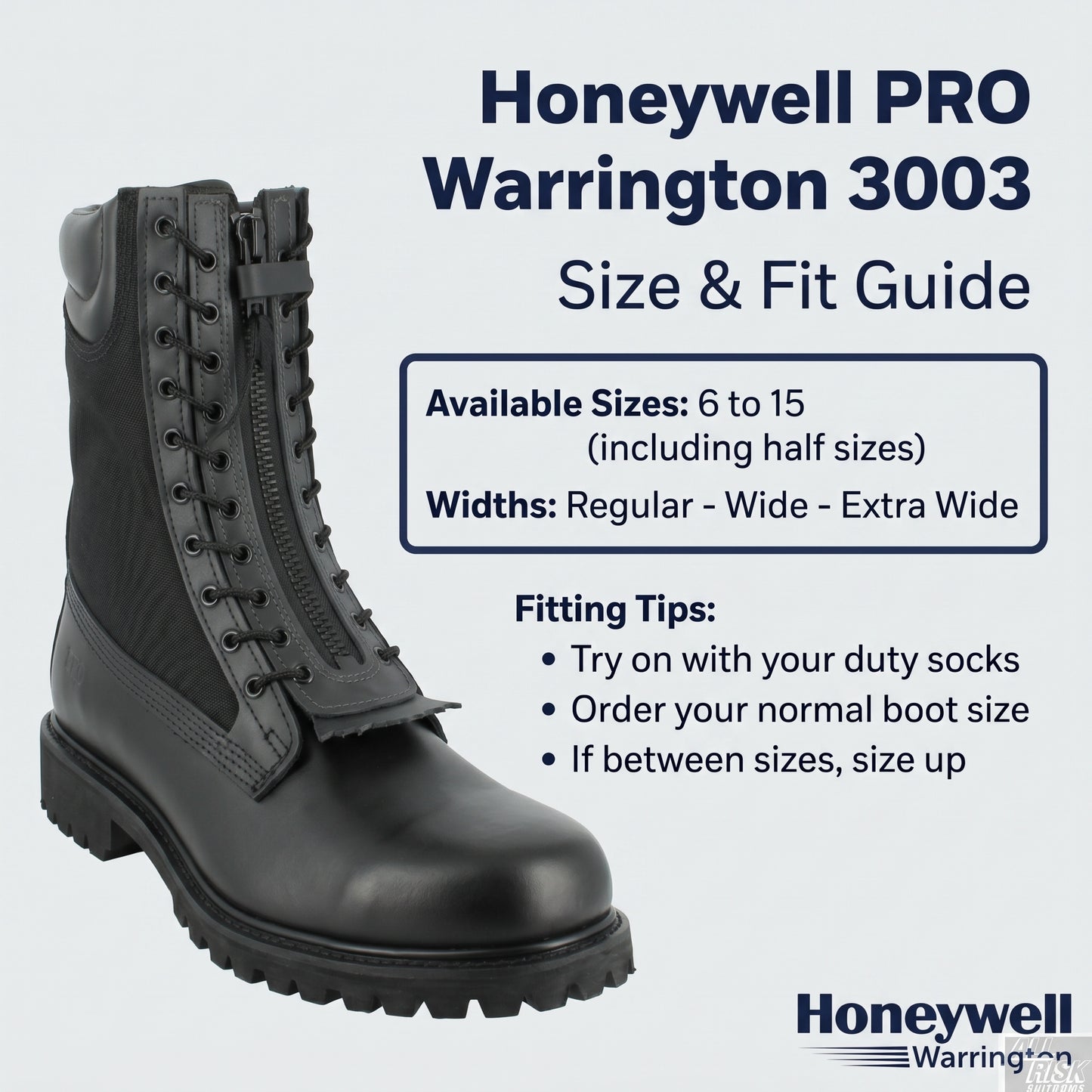 Honeywell PRO Warrington 3003 size and fit guide - sizes 6 to 15 including half sizes, widths Regular Wide Extra Wide