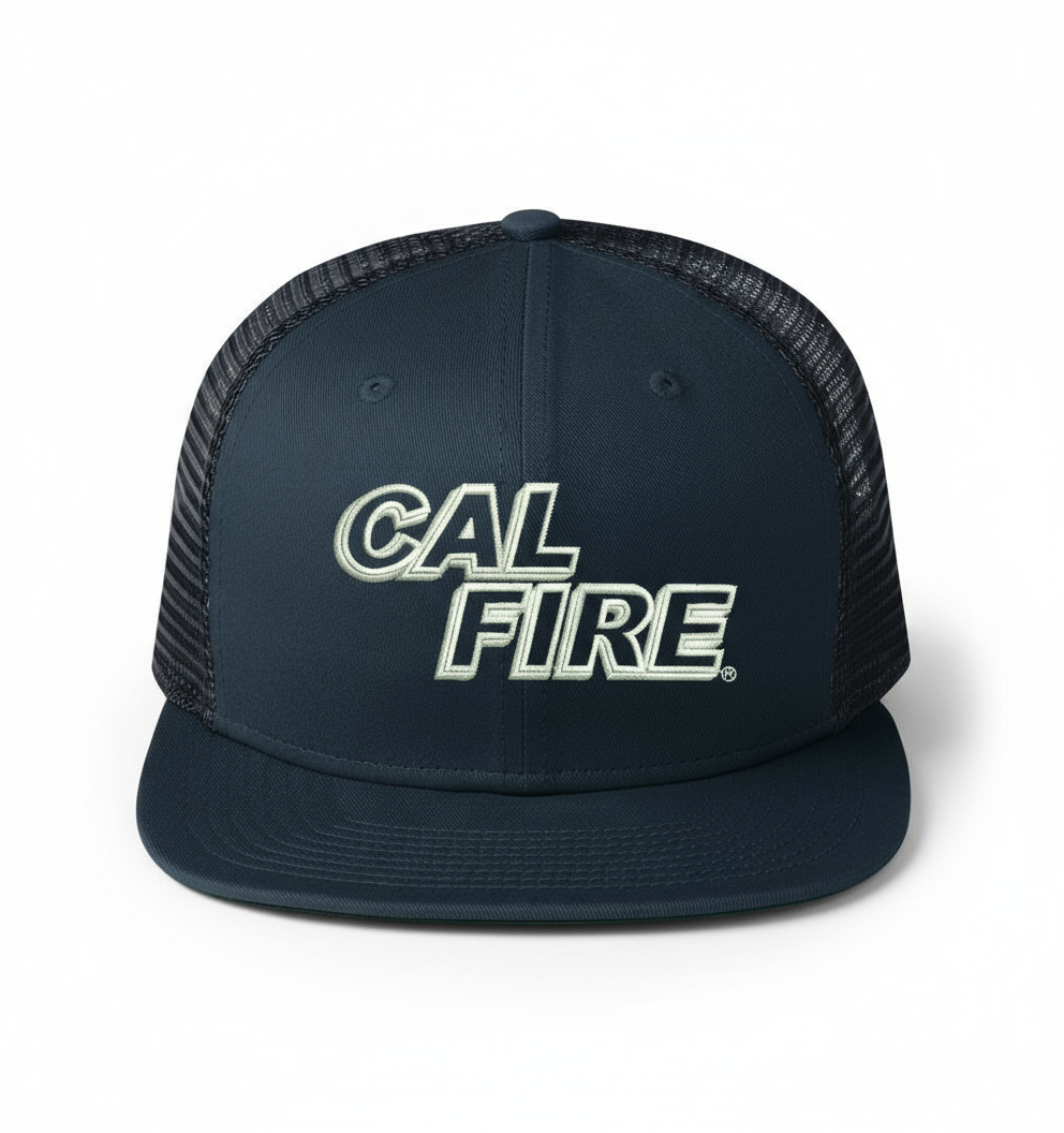 Richardson PTS 20 Mesh Trucker Hat in midnight navy with white CAL FIRE text embroidery - front view showing structured front panels with breathable mesh back and Pulse R-Flex technology
