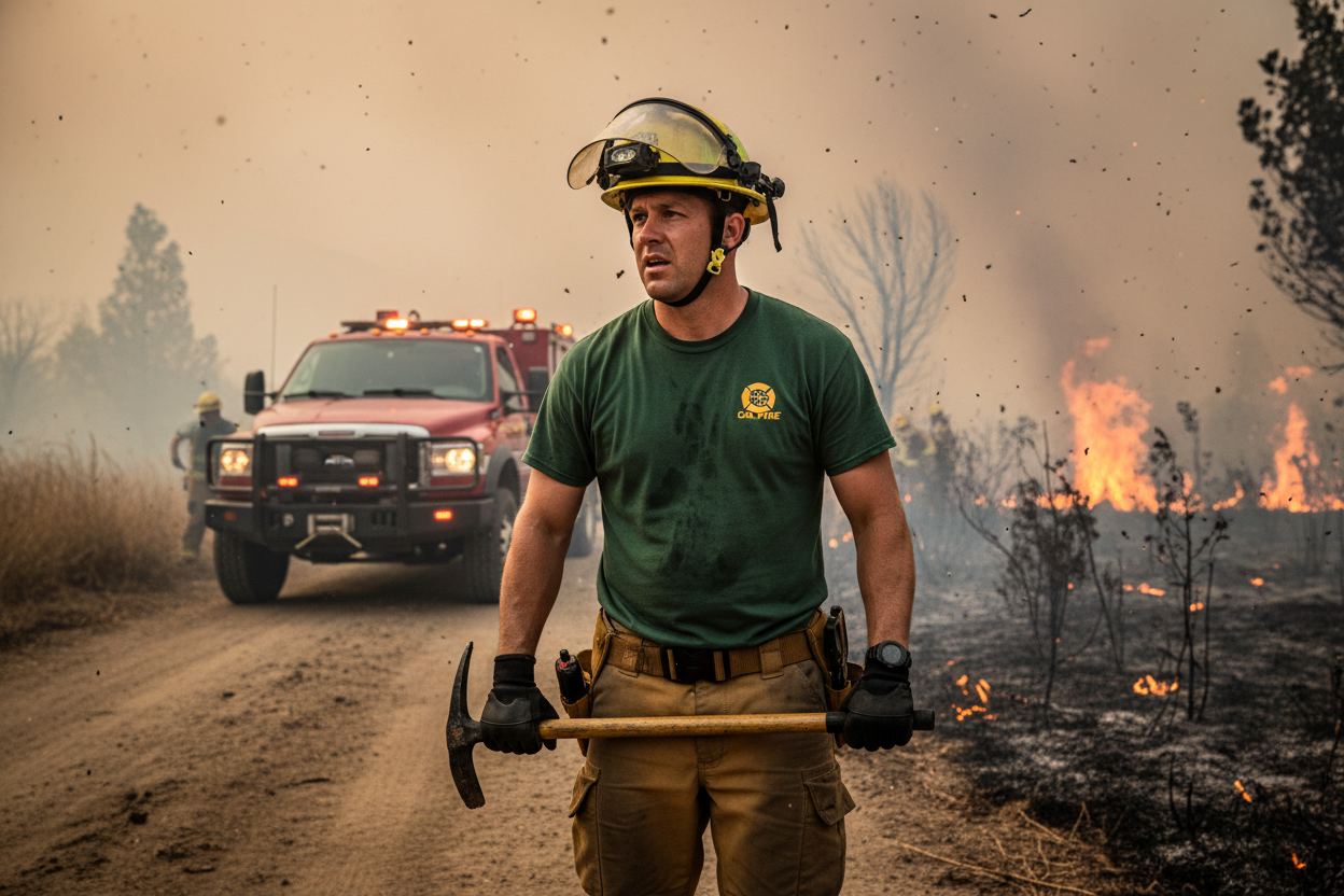 CAL FIRE firefighter standing by a fire engine during a wildfire while wearing the navy Pro Club heavyweight CAL FIRE t-shirt.