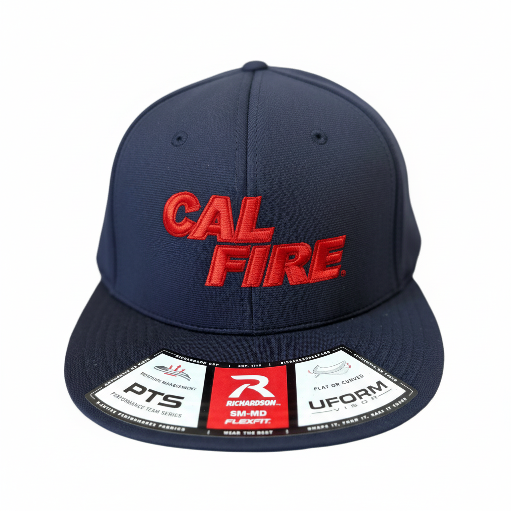 Richardson PTS 20 CAL FIRE performance cap with red text embroidery – front view, midnight navy, ALL RISK Uniforms