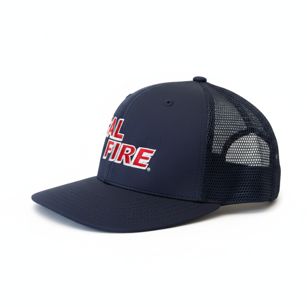 Richardson PTS 20 Mesh Trucker Hat in midnight navy with red CAL FIRE text - side angle view displaying structured front and breathable mesh back construction