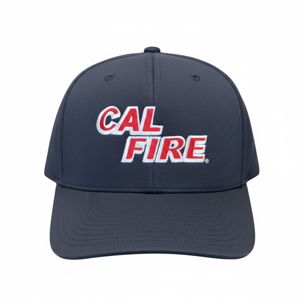 Richardson PTS 20 Snapback Hat in midnight navy with red CAL FIRE text embroidery - front view showing structured 6-panel design with Pulse R-Flex technology
