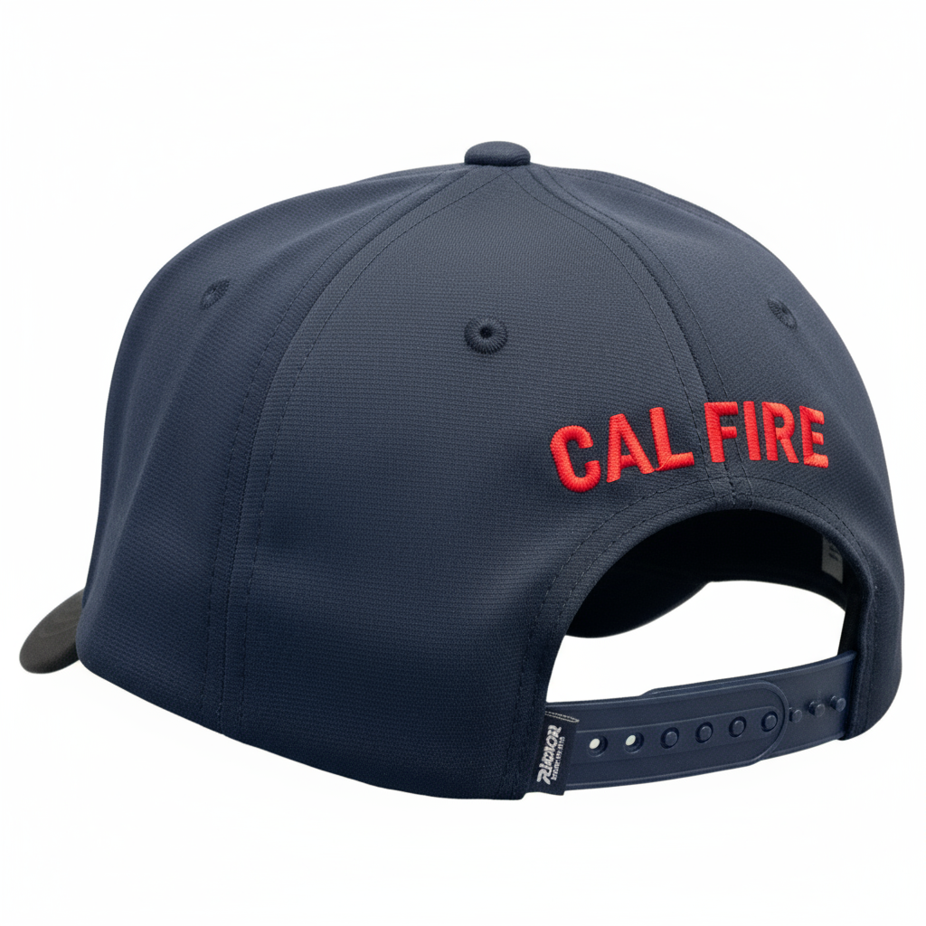 Richardson PTS 20 Snapback Hat in midnight navy with red CAL FIRE text - back view showing snapback closure and structured construction