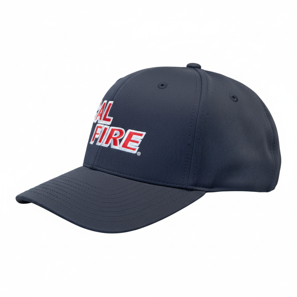 Richardson PTS 20 Snapback Hat in midnight navy with red CAL FIRE text - side angle view displaying structured 6-panel design and professional fit