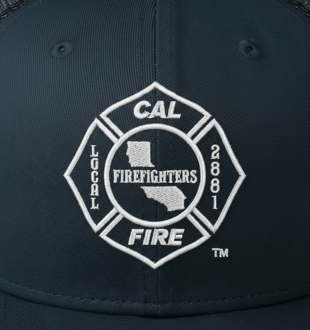 Close-up detail of New Era 403 Snapback Hat in midnight navy showing CAL FIRE union logo embroidery and premium New Era fabric texture