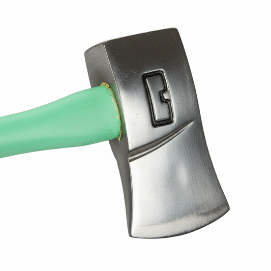 Close-up detail of Luminous Lock Slot axe head showing 8lb forged steel construction with lock slot design and flat striking surface