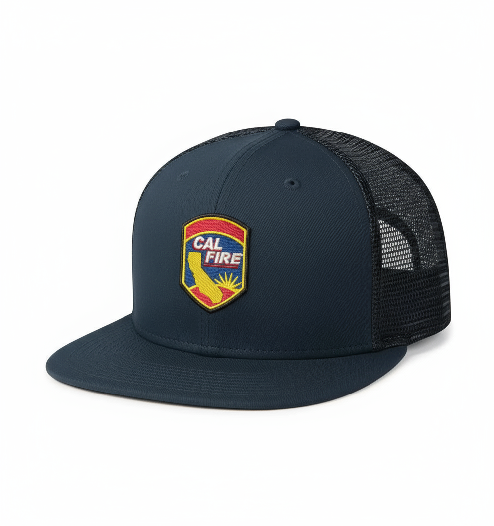 New Era 403 Snapback Hat in midnight navy with CAL FIRE shield logo patch embroidery - front view showing flat bill design and structured 6-panel construction