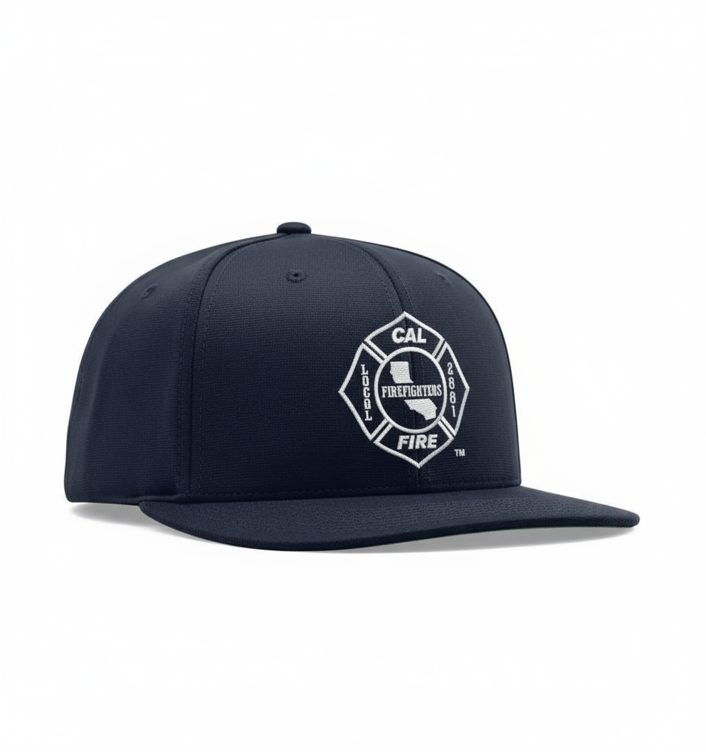 Richardson PTS 20 Snapback Hat in midnight navy with CAL FIRE union logo - side angle view displaying structured 6-panel design and professional fit