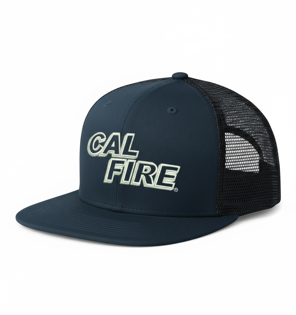 Richardson PTS 20 Mesh Trucker Hat in midnight navy with white CAL FIRE text - side angle view displaying structured front and breathable mesh back construction