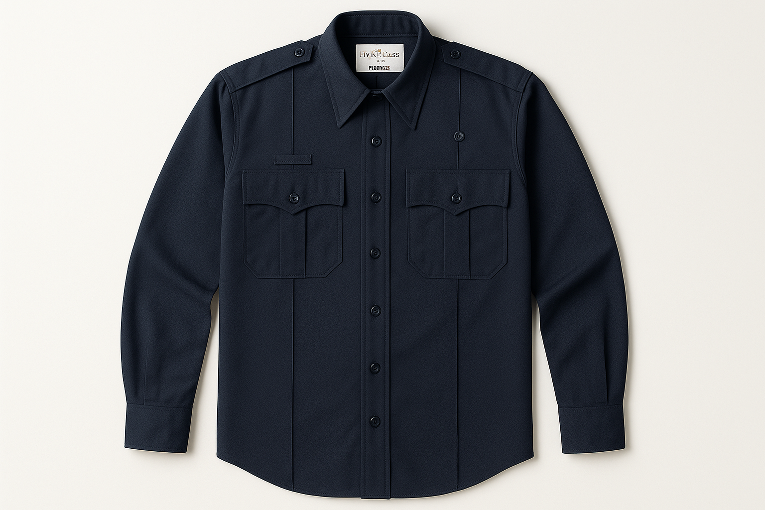 Flying Cross Nomex Long Sleeve Shirt in midnight navy - front view showing fire-resistant construction, badge tabs, chest pockets with pointed flaps, seven-button placket, shoulder straps, and full sleeves