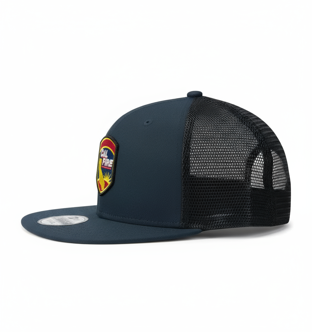 New Era 403 Snapback Hat in midnight navy with CAL FIRE shield logo patch - side angle view displaying flat bill and structured 6-panel design