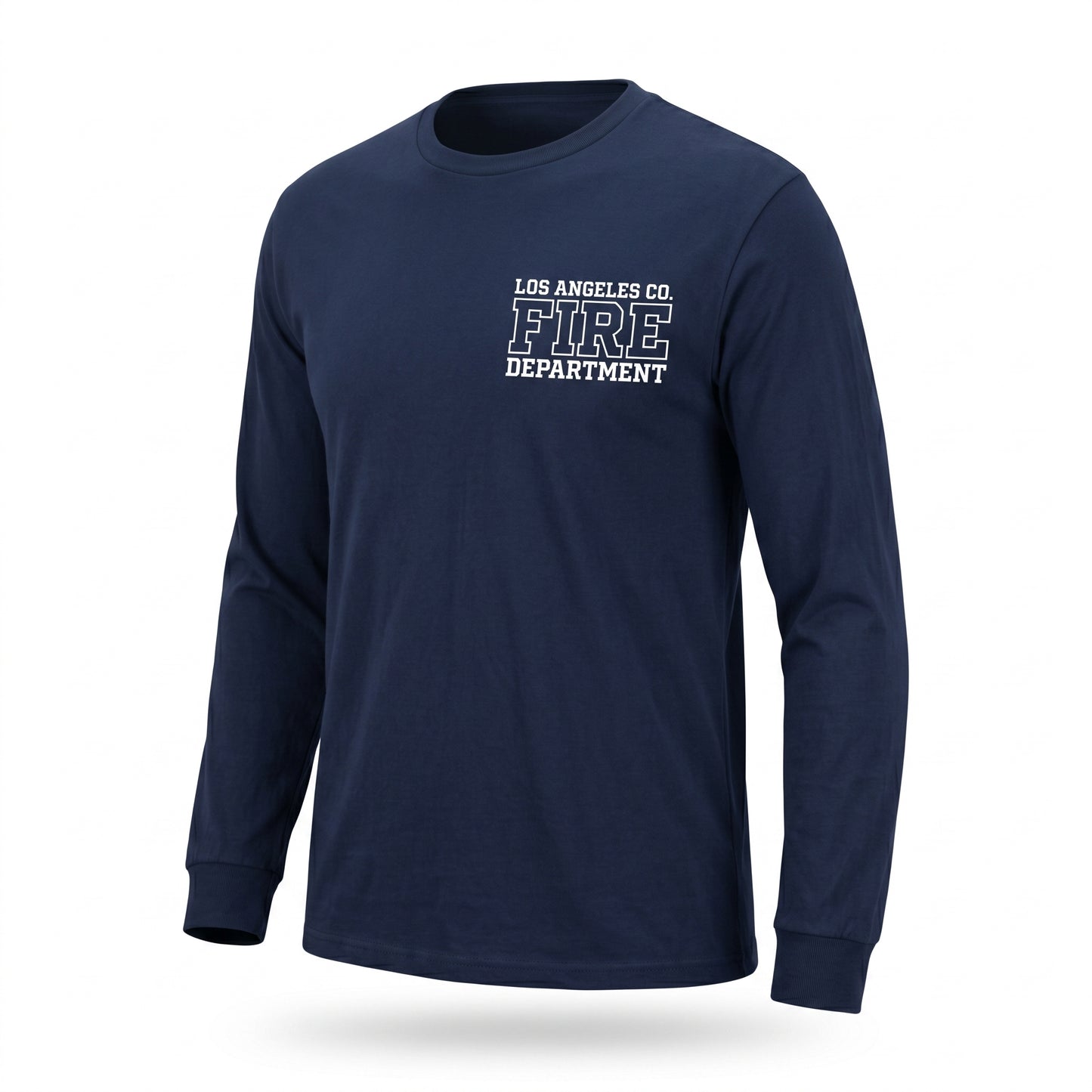 Los Angeles County Fire Department Independent men's long sleeve navy shirt, three-quarter angle view