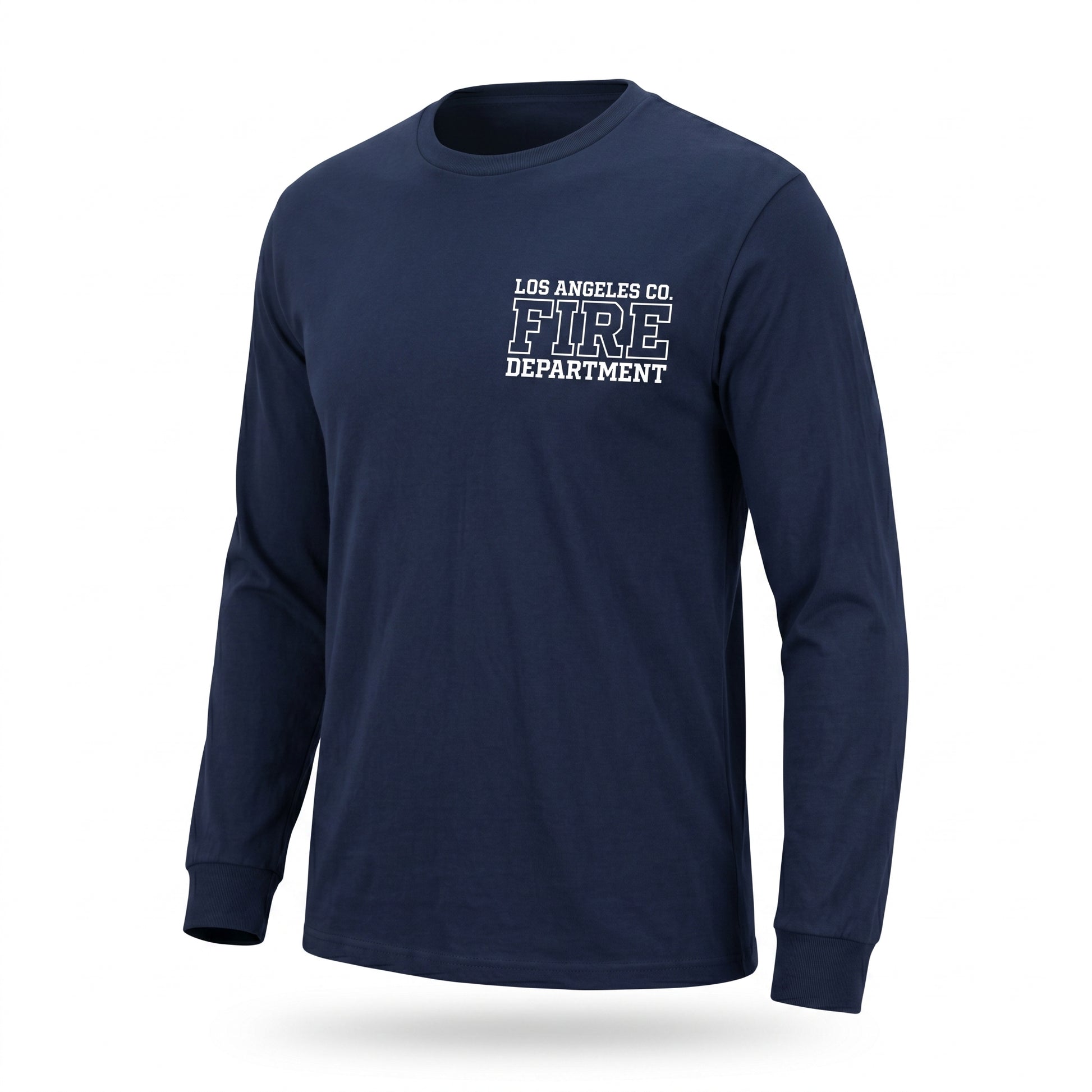 Los Angeles County Fire Department Independent men's long sleeve navy shirt, three-quarter angle view