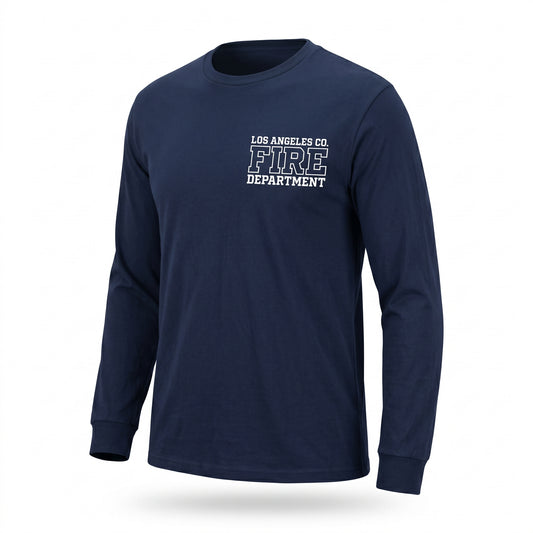 Los Angeles County Fire Department Independent men's long sleeve navy shirt, three-quarter angle view