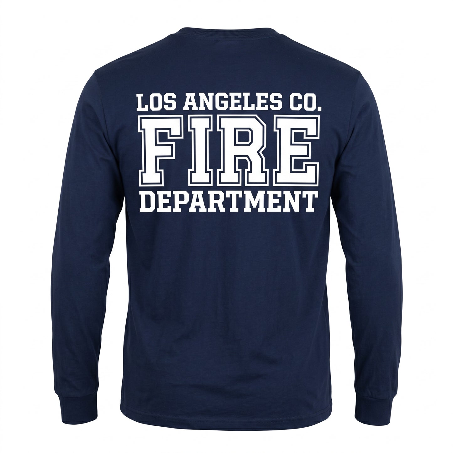Los Angeles County Fire Department Independent men's long sleeve navy shirt, back view with large LACoFD logo across the shoulders