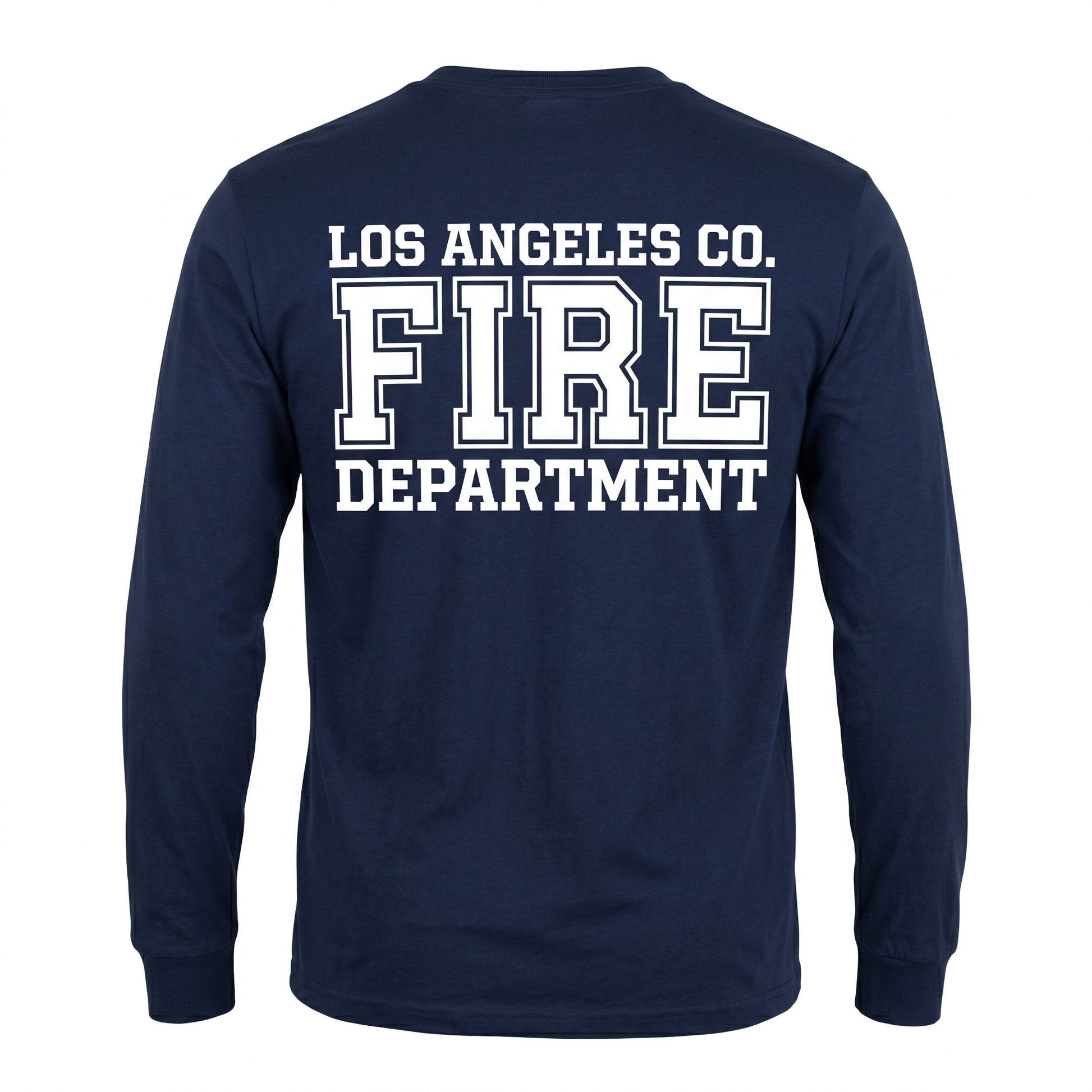 Los Angeles County Fire Department Independent men's long sleeve navy shirt, back view with large LACoFD logo across the shoulders