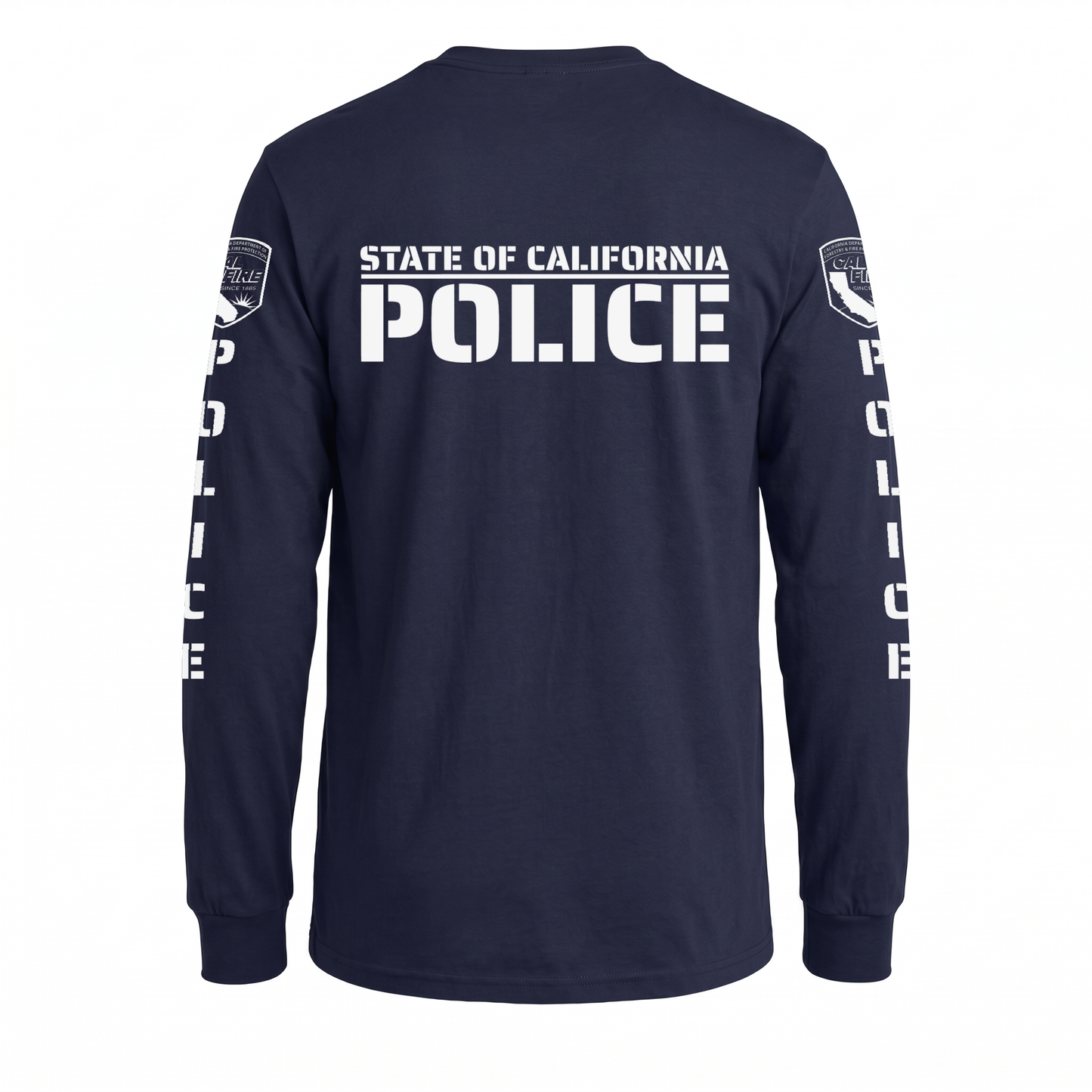 Back of the navy Independent Trading lightweight long-sleeve CAL FIRE Law Enforcement shirt showing the large white POLICE print over STATE OF CALIFORNIA, with the CAL FIRE shield on each shoulder and vertical POLICE lettering down both sleeves