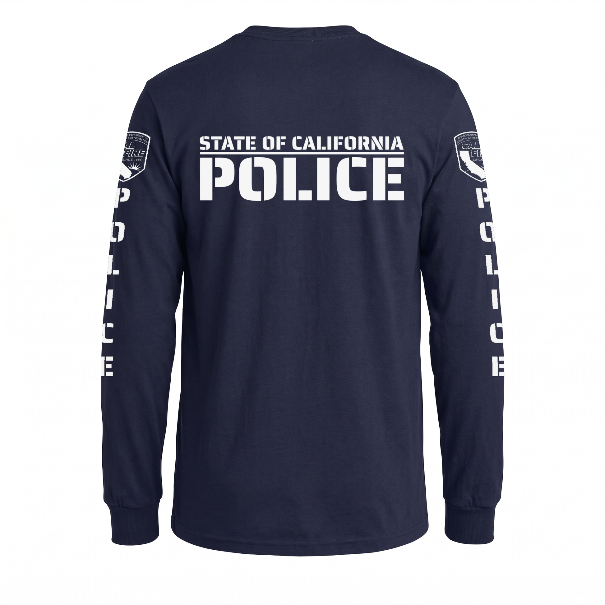 Back of the navy Independent Trading lightweight long-sleeve CAL FIRE Law Enforcement shirt showing the large white POLICE print over STATE OF CALIFORNIA, with the CAL FIRE shield on each shoulder and vertical POLICE lettering down both sleeves