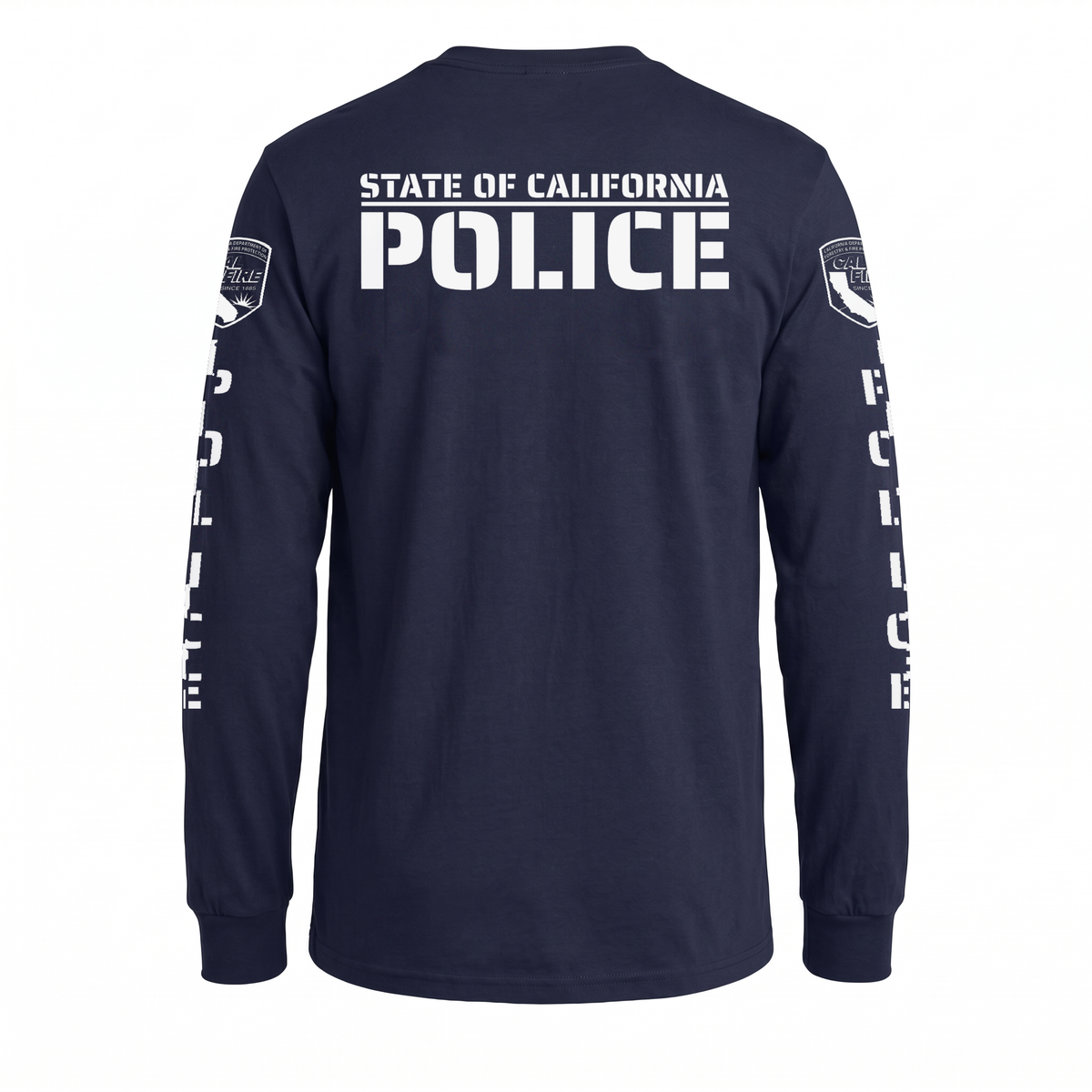 Back of the navy Independent Trading lightweight long-sleeve CAL FIRE Law Enforcement shirt showing the large white POLICE print over STATE OF CALIFORNIA, with the CAL FIRE shield on each shoulder and vertical POLICE lettering down both sleeves