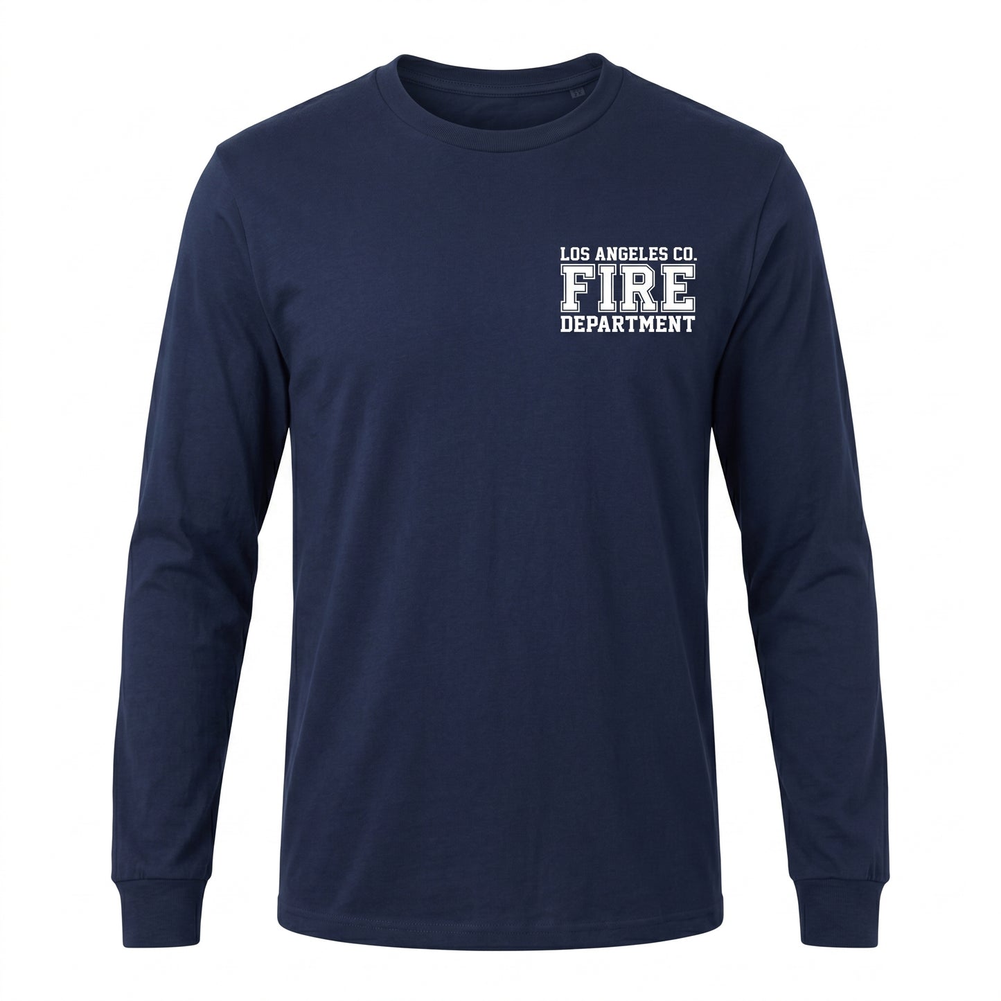 Los Angeles County Fire Department Independent men's long sleeve navy shirt, front view with left chest LACoFD logo