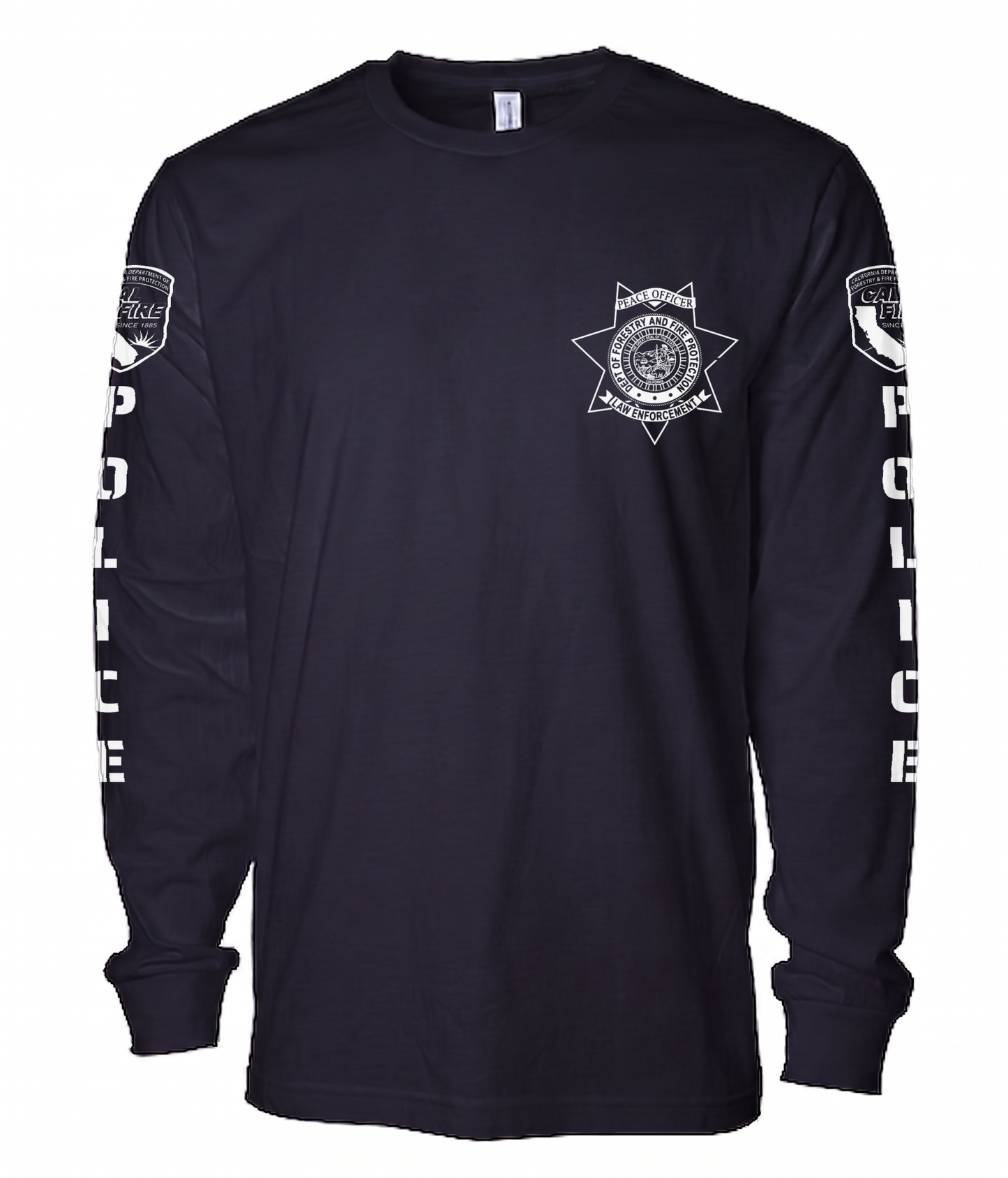 Navy Independent Trading lightweight long-sleeve CAL FIRE Law Enforcement shirt, front view, with the white CAL FIRE Peace Officer seven-point star badge on the left chest and the CAL FIRE shield and vertical POLICE lettering down each sleeve