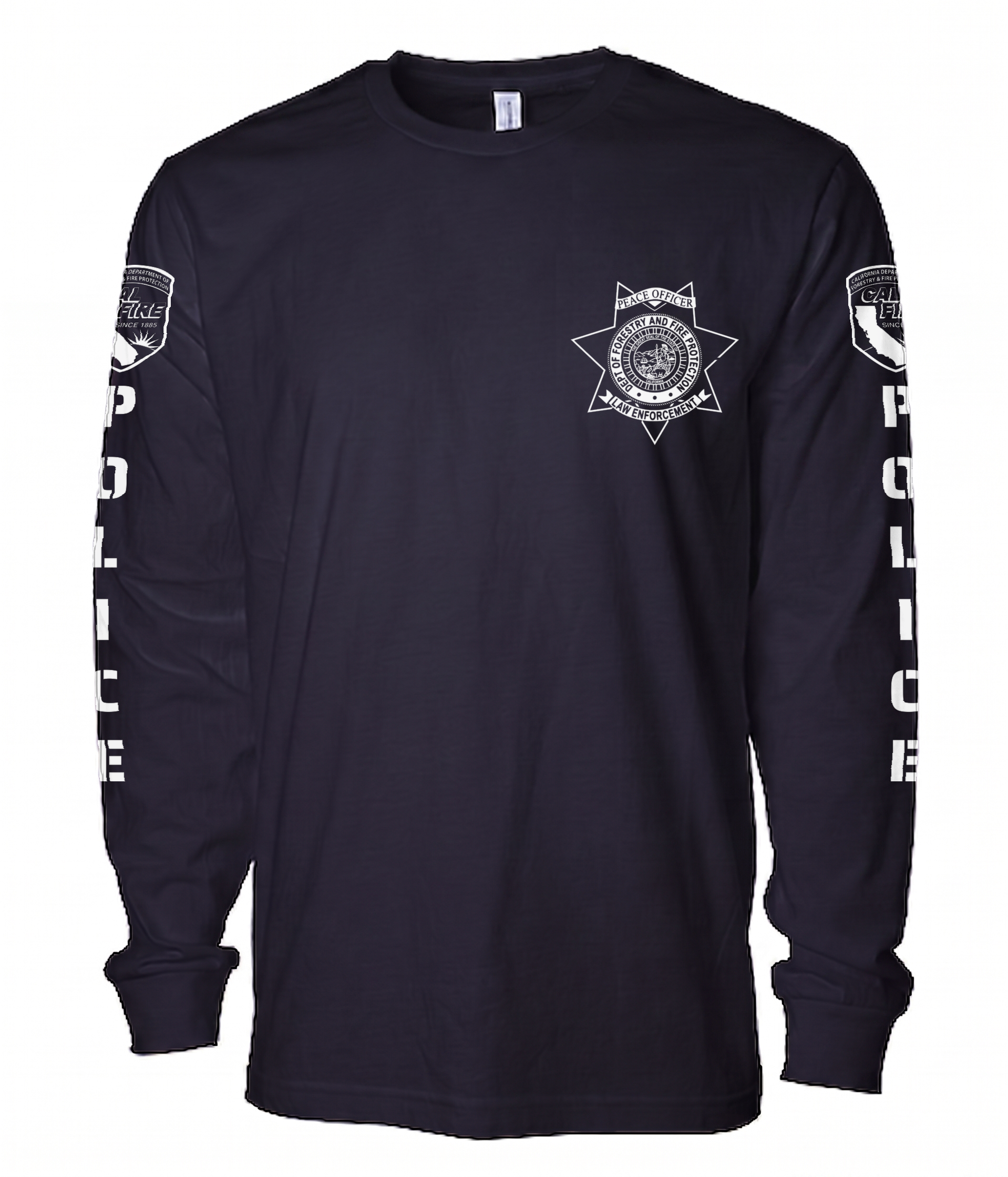 Navy Independent Trading lightweight long-sleeve CAL FIRE Law Enforcement shirt, front view, with the white CAL FIRE Peace Officer seven-point star badge on the left chest and the CAL FIRE shield and vertical POLICE lettering down each sleeve