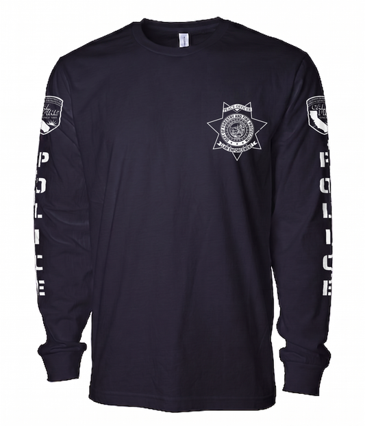Navy Independent Trading lightweight long-sleeve CAL FIRE Law Enforcement shirt, front view, with the white CAL FIRE Peace Officer seven-point star badge on the left chest and the CAL FIRE shield and vertical POLICE lettering down each sleeve