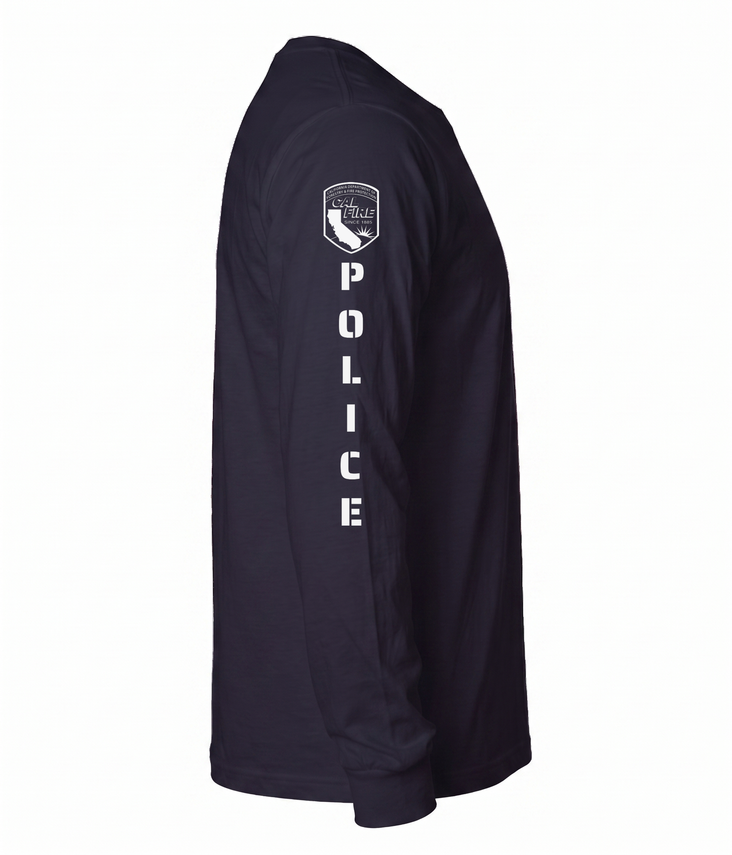 Side profile of the navy Independent Trading lightweight long-sleeve CAL FIRE Law Enforcement shirt showing the full sleeve print - the CAL FIRE shield on the shoulder above vertical POLICE lettering running down the arm