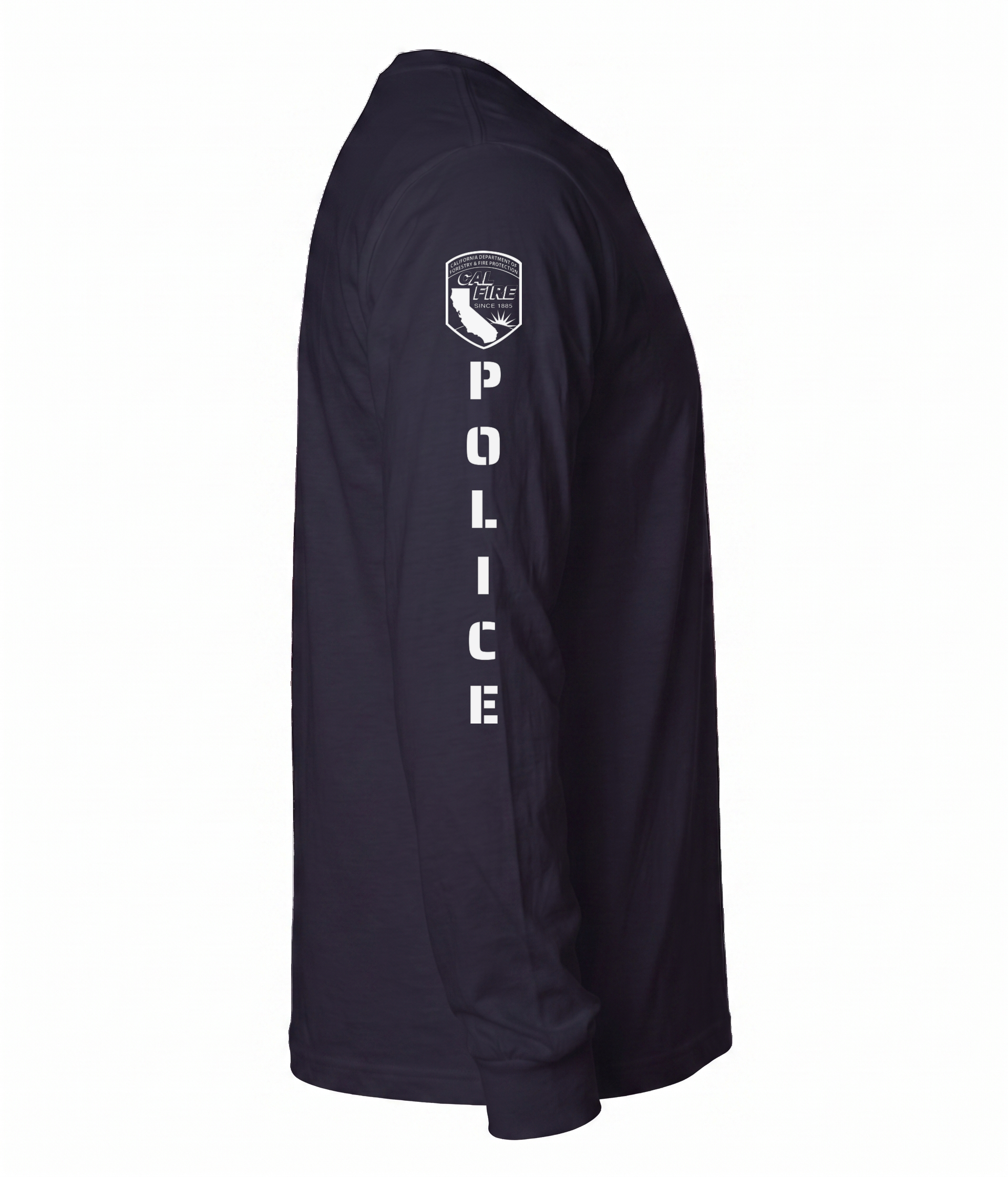 Side profile of the navy Independent Trading lightweight long-sleeve CAL FIRE Law Enforcement shirt showing the full sleeve print - the CAL FIRE shield on the shoulder above vertical POLICE lettering running down the arm
