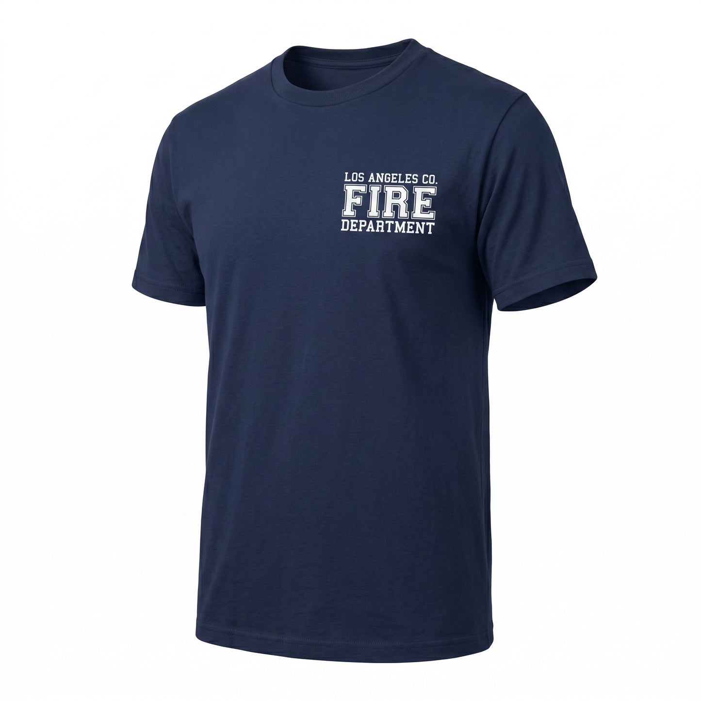 Los Angeles County Fire Department Independent men's short sleeve navy shirt, three-quarter angle view