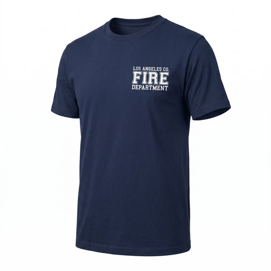 Los Angeles County Fire Department Independent men's short sleeve navy shirt, three-quarter angle view