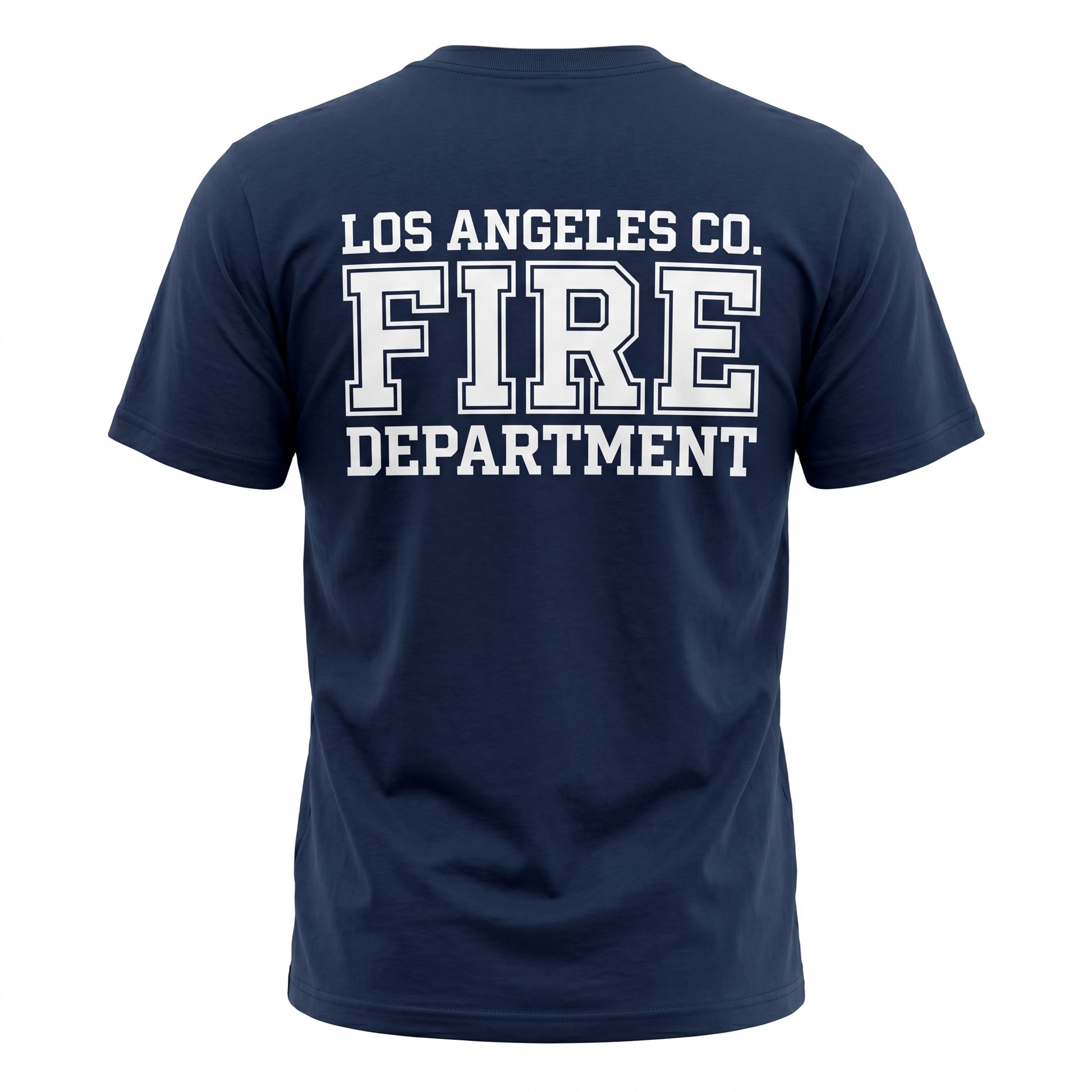 Los Angeles County Fire Department Independent men's short sleeve navy shirt, back view with large LACoFD logo across the shoulders