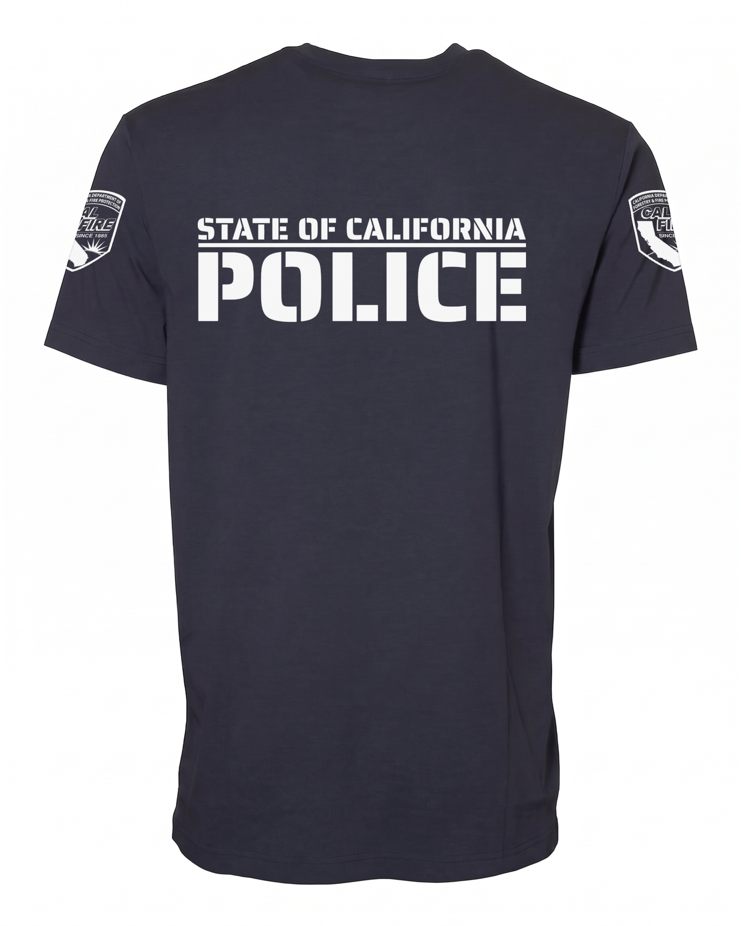 Back of the navy Independent Trading lightweight short-sleeve CAL FIRE Law Enforcement shirt showing the large white STATE OF CALIFORNIA over POLICE print, with a CAL FIRE shield on each shoulder